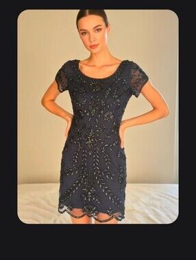 Pisarro Nights Size 14 Embroidered Beaded Navy Women's Dress
